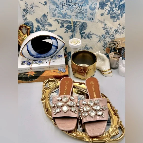 🆕 TORY BURCH 🧿 NWOT Martine 25mm Slides, Pink Croc Embossed Crystal, Sz 7 - Picture 2 of 16